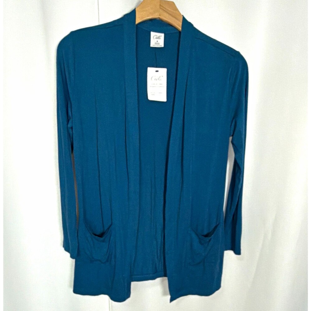 NWT Cielo Women’s Teal Blue Open Front Cardigan Sweater Pockets Knit Size Small